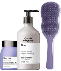 L'Oréal Professionnel Silver șampon 500ml + mască Blondifier 500ml + perie My-She ChordBrush Purple