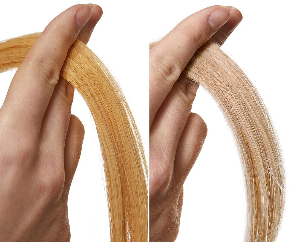 Comparația nuanței blonde galbene înainte de neutralizare și a rezultatului mai rece după utilizarea șamponului mov pentru păr