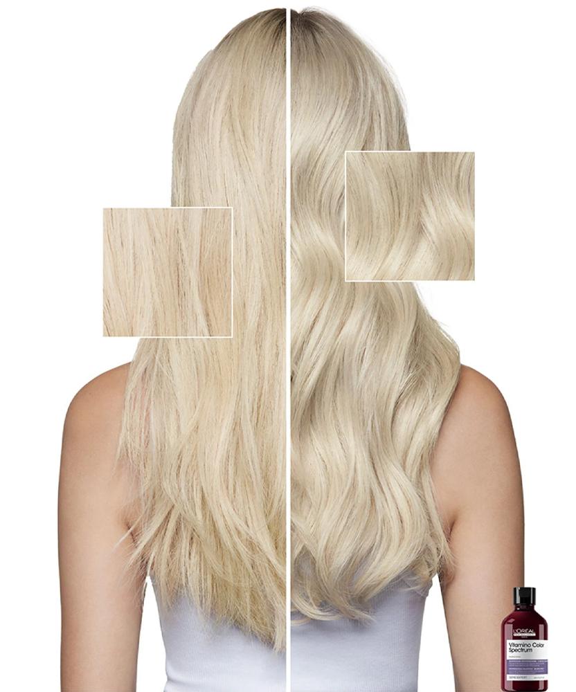 Comparație păr șaten înainte și după utilizarea șamponului violet L'Oréal pentru neutralizarea tonurilor galbene